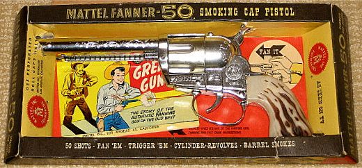 Mattel-smoking-cap-pistol-fanner-50-toy-gun-and-box